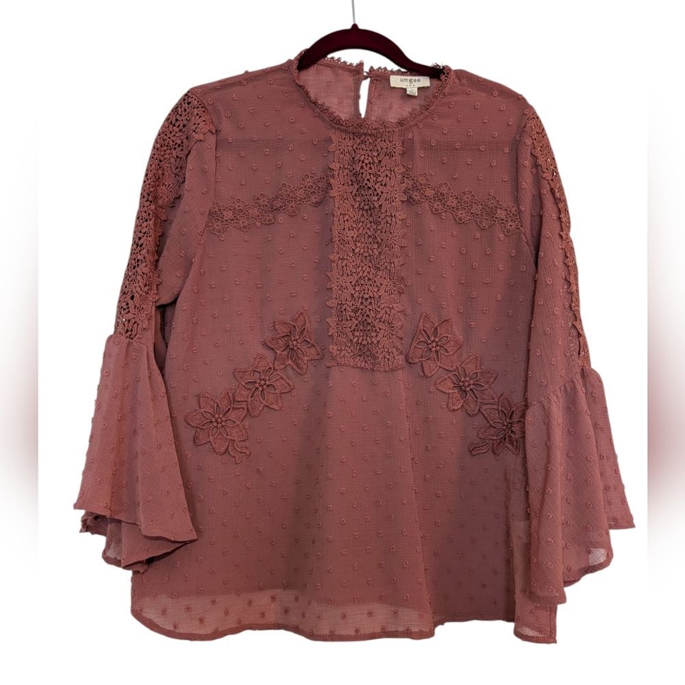 Umgee Boho Mauve Pink Floral Lace Embroidered Bell Sleeve Top Size Medium